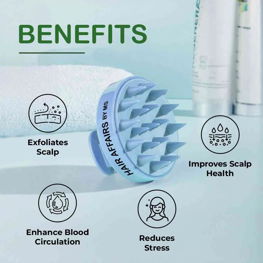 Scalp massager with benefits listed on a light blue background