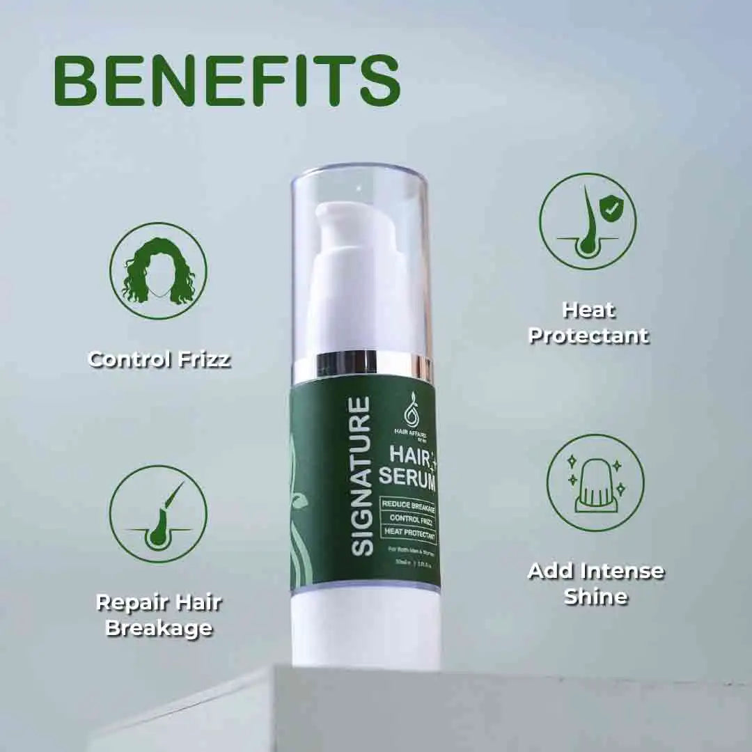 Hair Affairs Signature Hair Serum bottle with shine, hydration and frizz control benefits