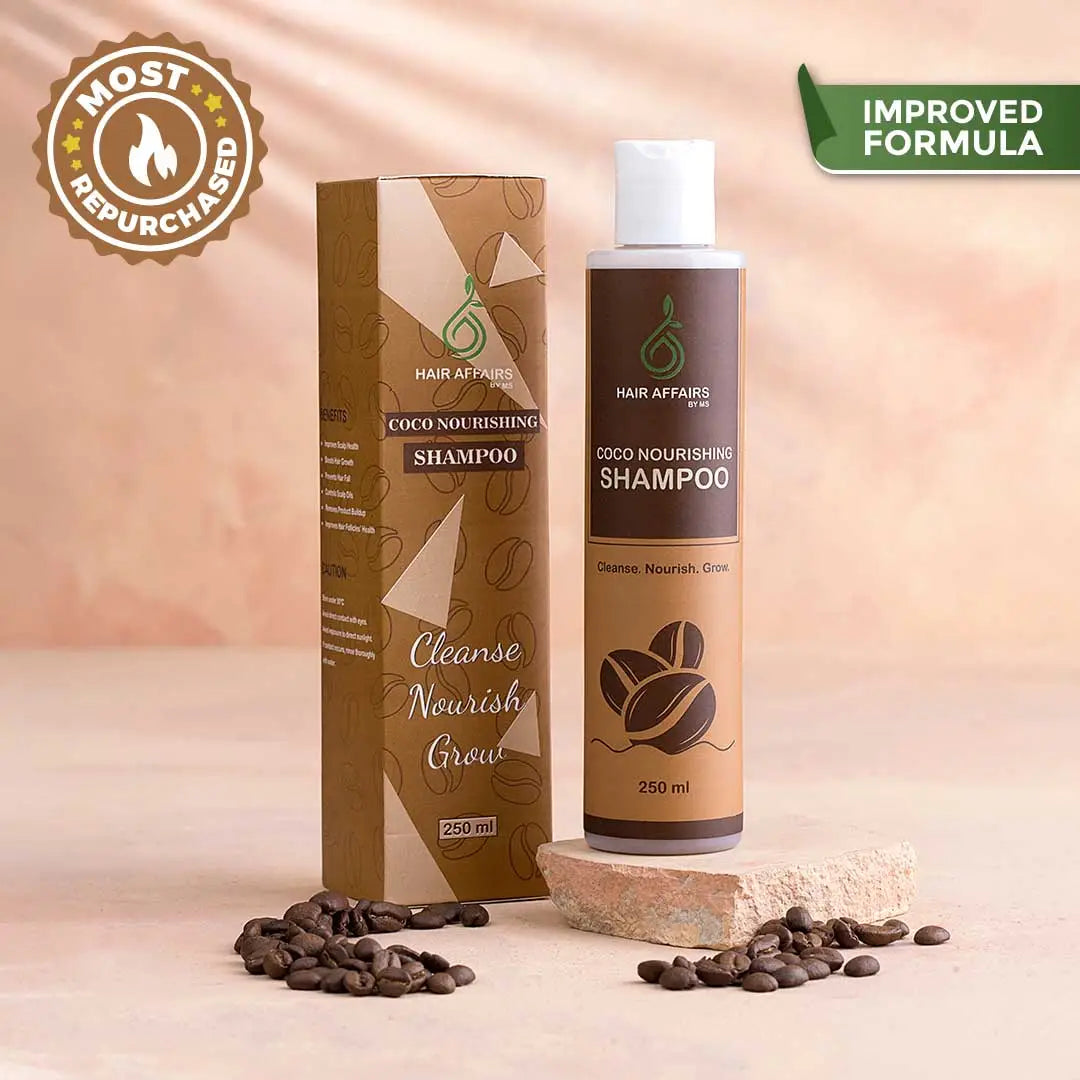 Hair Affairs Coco Nourishing Shampoo 250ml bottle with kraft box and coffee beans