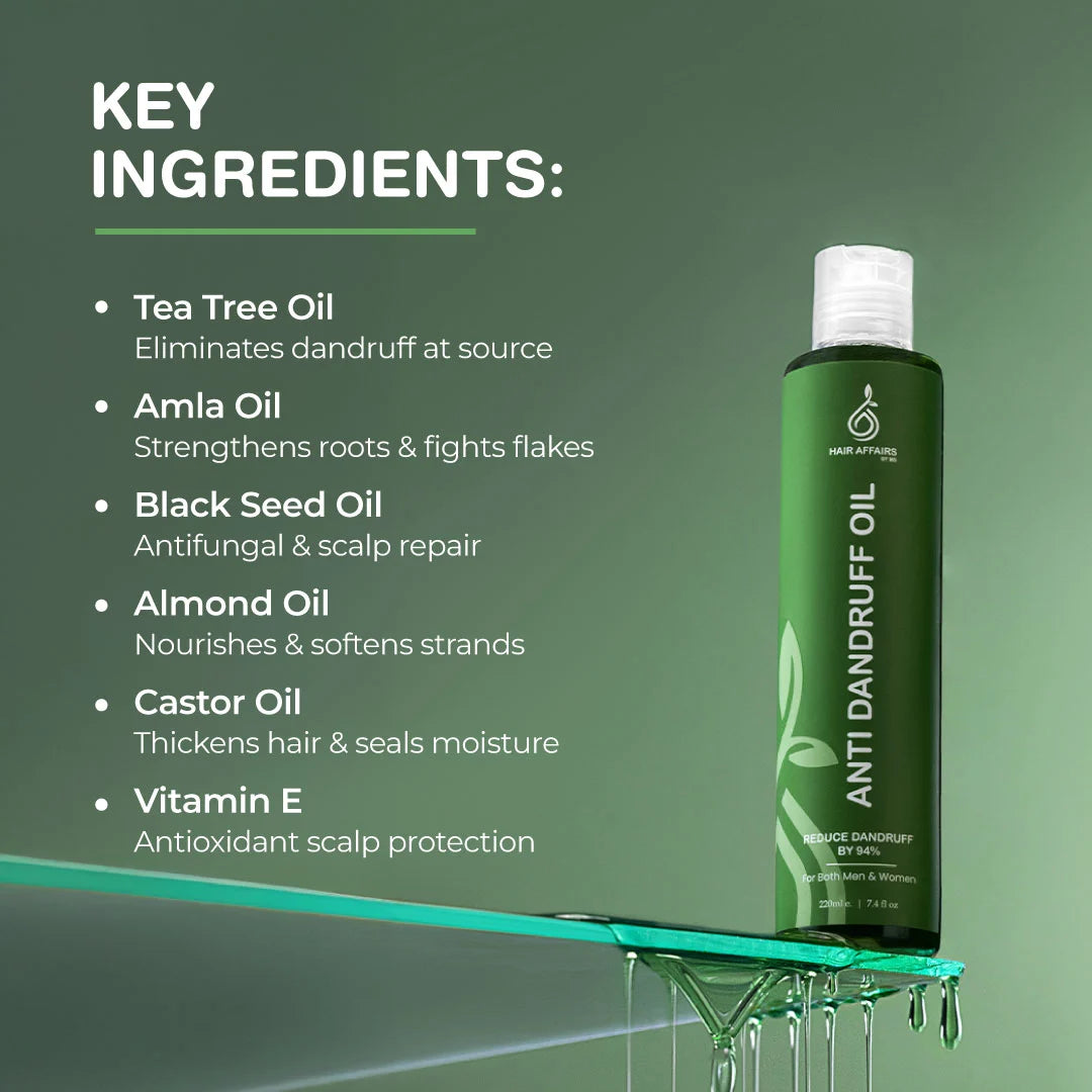 Anti dandruff oil bottle with ingredients listed on a green background