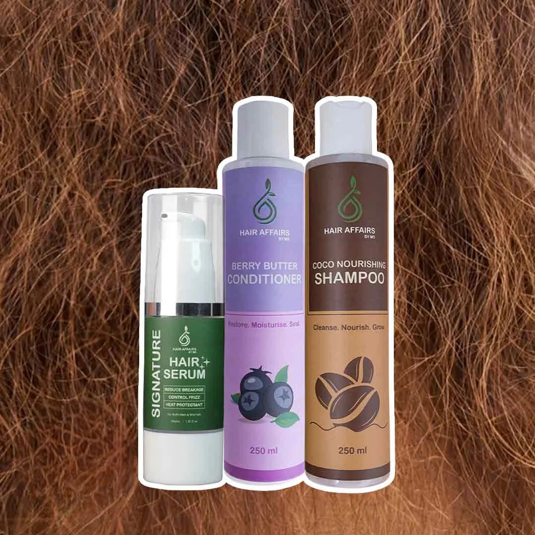 Frizzy and Dull Hair Bundle: Coco Nourishing Shampoo, Berry Butter Conditioner and Signature Hair Serum