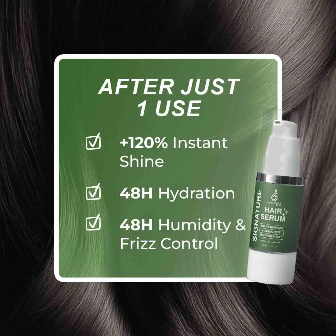 Hair Affairs Signature Hair Serum bottle with shine, hydration and frizz control benefits