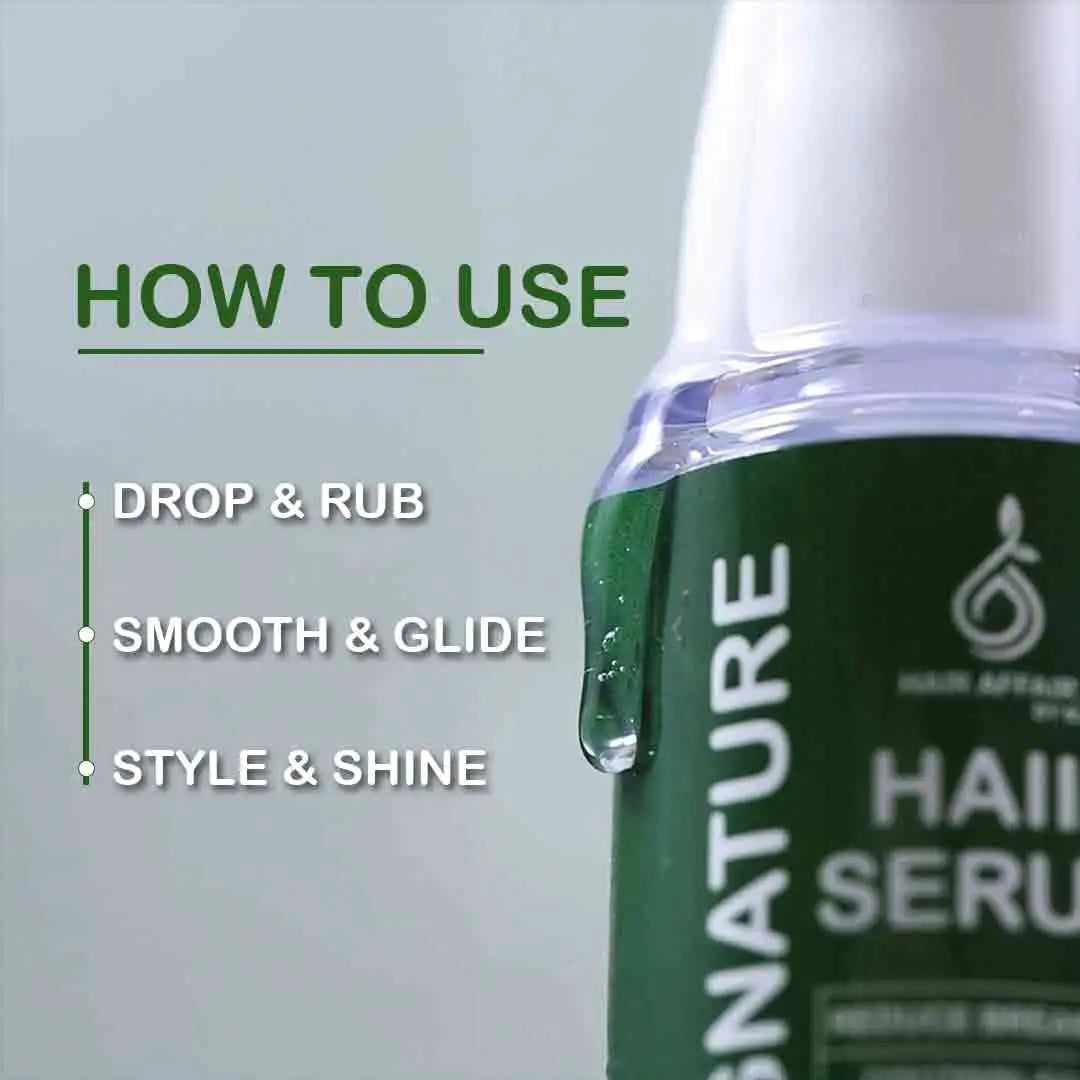 Hair Affairs Signature Hair Serum bottle with shine, hydration and frizz control benefits