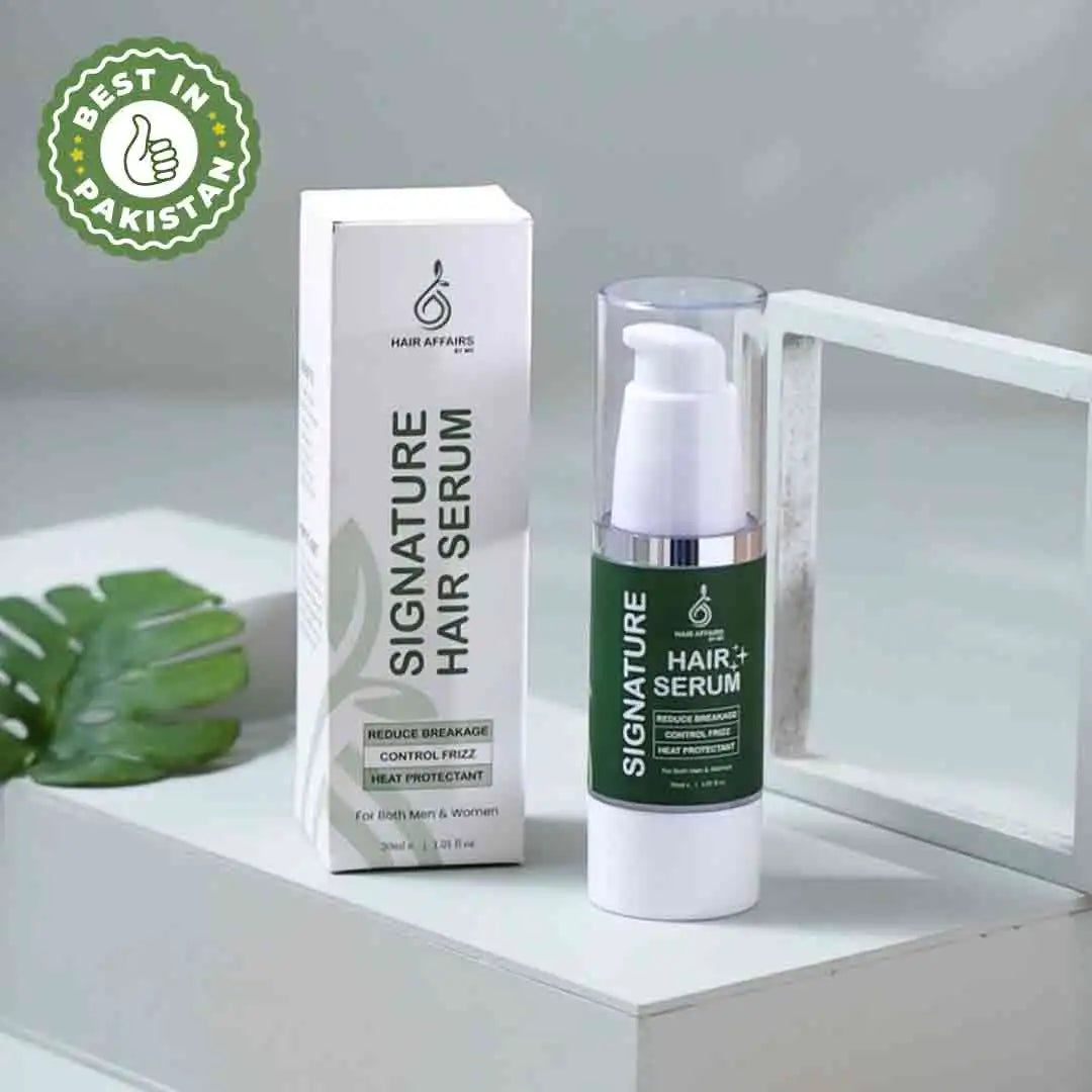 Hair Affairs Signature Hair Serum bottle with product box for reducing hair breakage and frizz