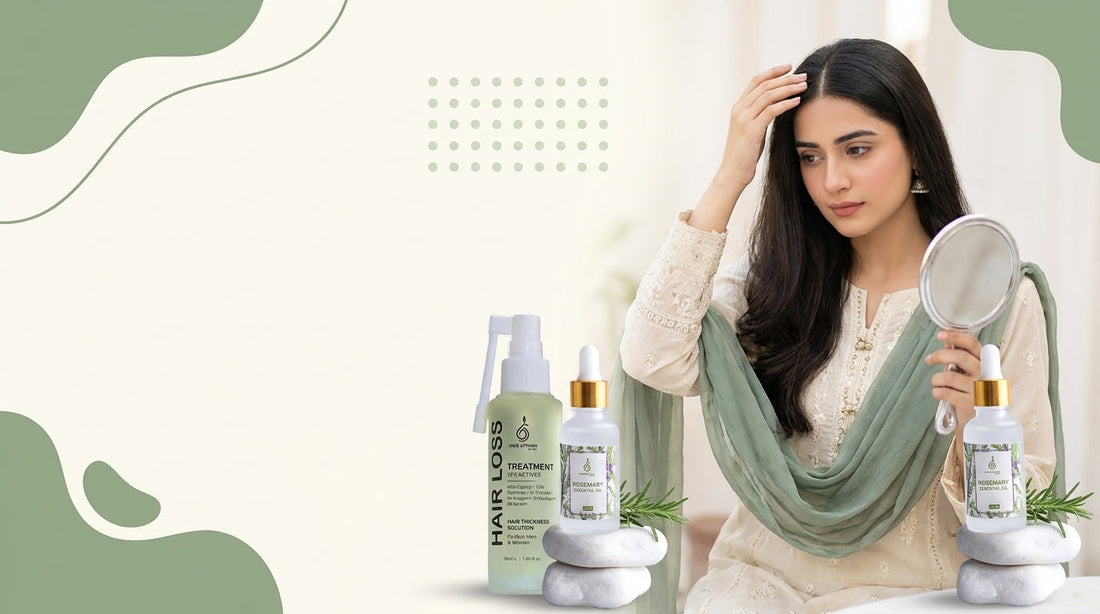 Woman checking her hair parting next to a hair loss spray and rosemary oil