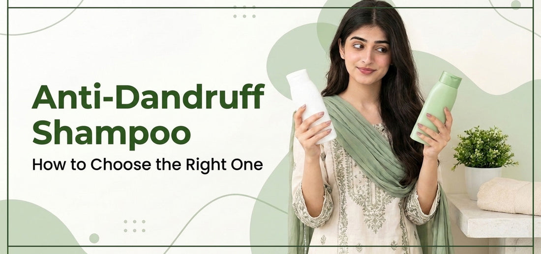  Woman comparing two shampoo bottles to choose an anti-dandruff shampoo