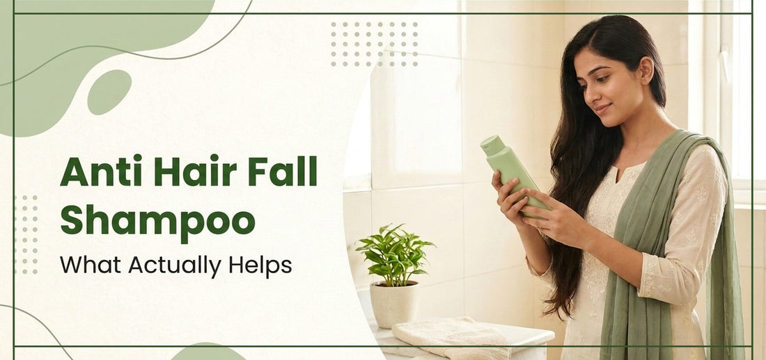  Woman reading the back of a shampoo bottle to choose an anti hair fall shampoo