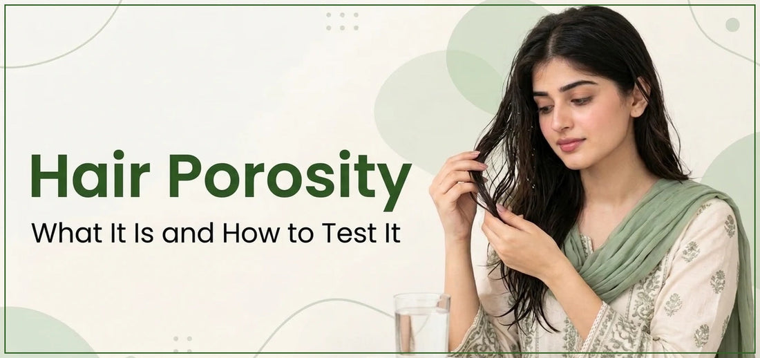 Woman checking a damp strand of her hair to understand its porosity