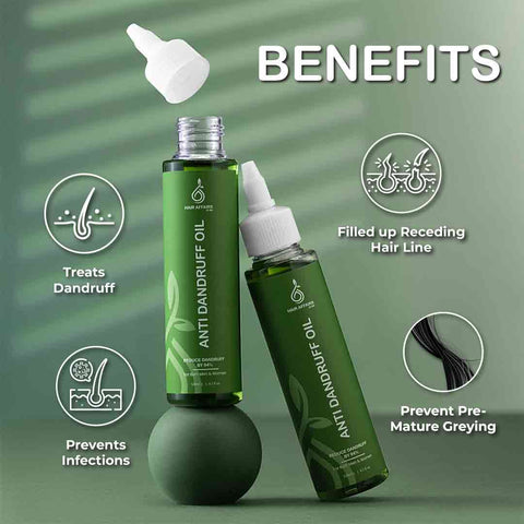 Anti dandruff oil bottles with benefits listed on a green background