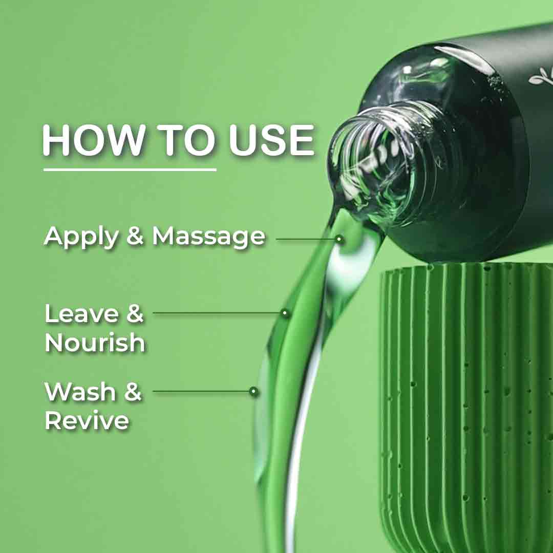 Bottle of green liquid being poured with text on how to use it against a green background