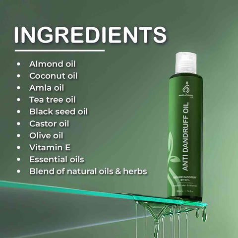 Anti dandruff oil bottle with ingredients listed on a green background
