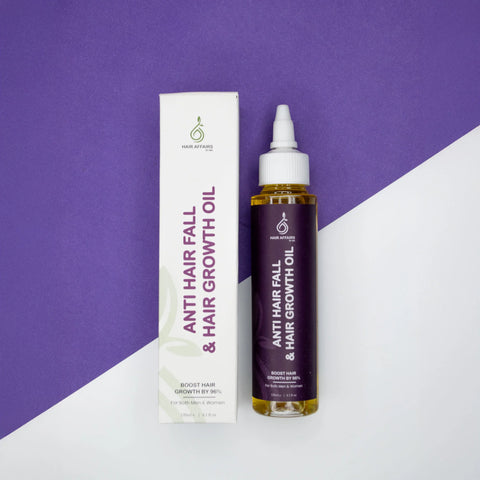 Anti hair fall and hair growth oil with packaging on a purple and white background
