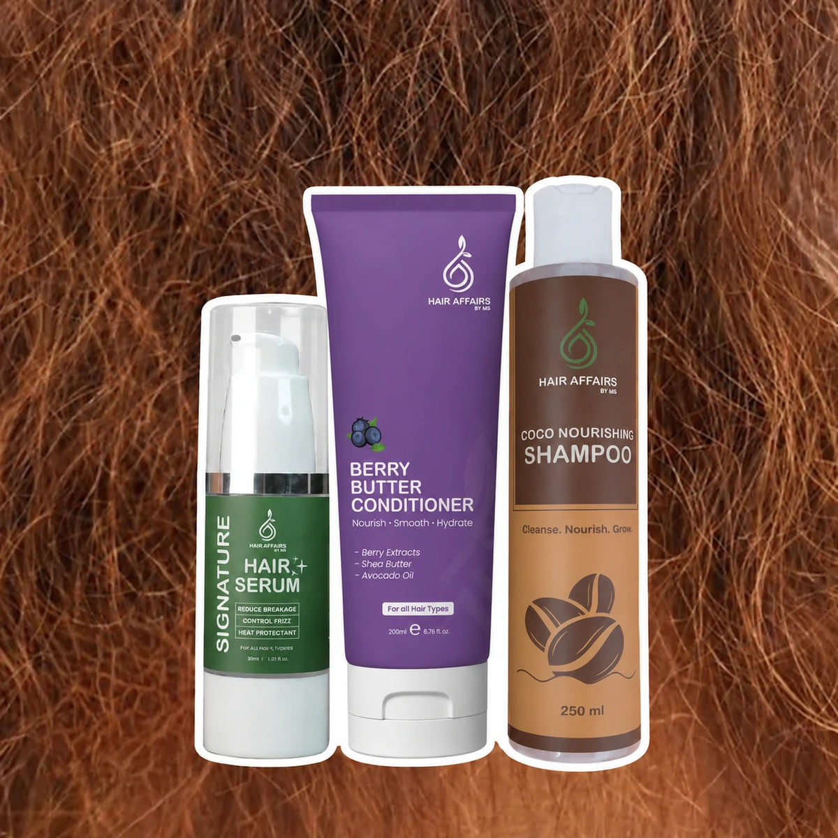Frizzy and Dull Hair Bundle: Coco Nourishing Shampoo, Berry Butter Conditioner and Signature Hair Serum