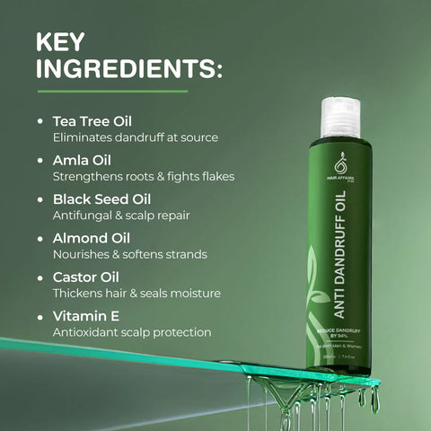Anti dandruff oil bottle with ingredients listed on a green background
