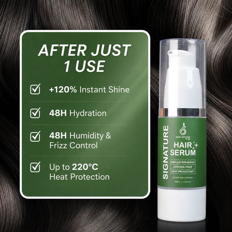 Hair Affairs Signature Hair Serum bottle with shine, hydration and frizz control benefits