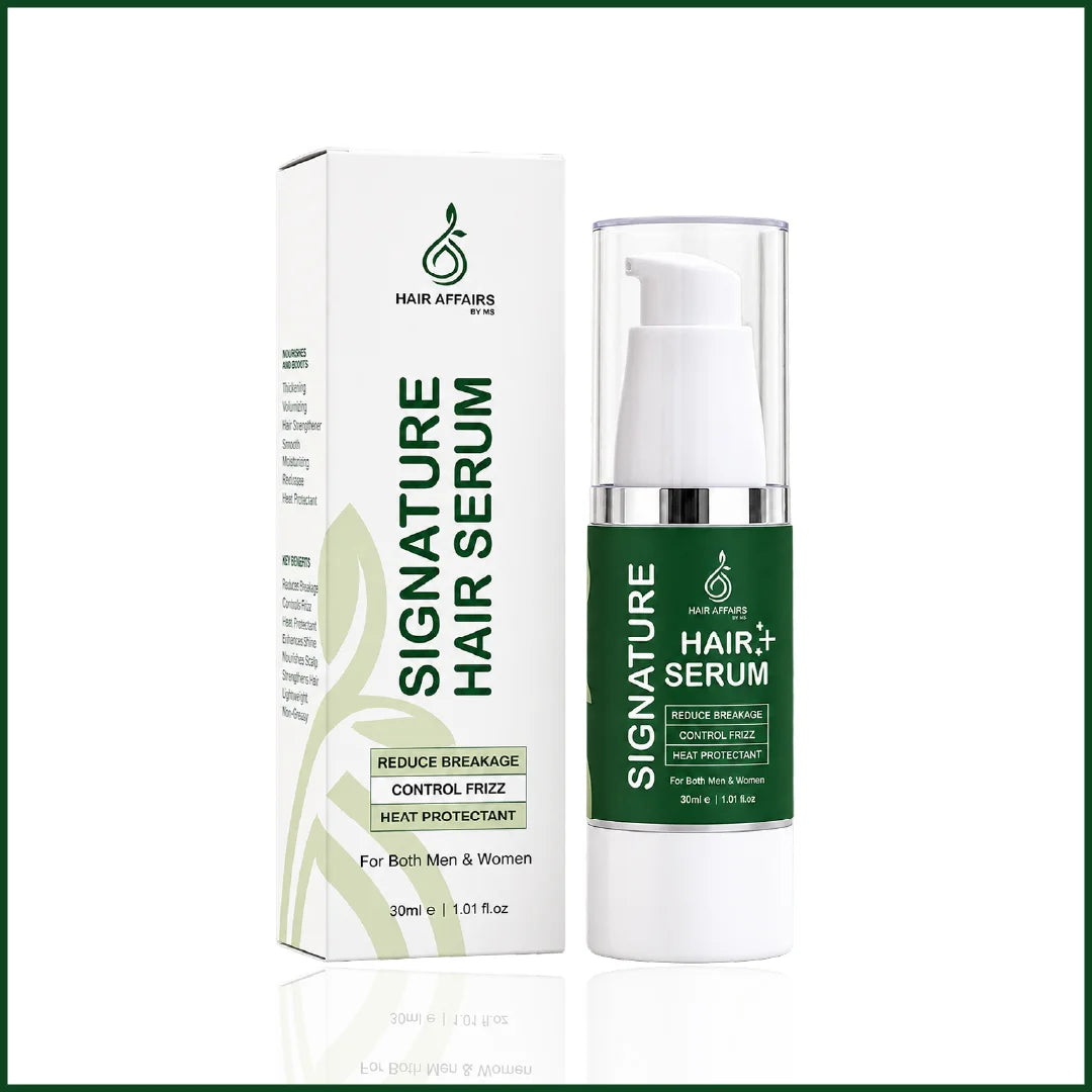 Hair Affairs Signature Hair Serum bottle with product box for reducing hair breakage and frizz